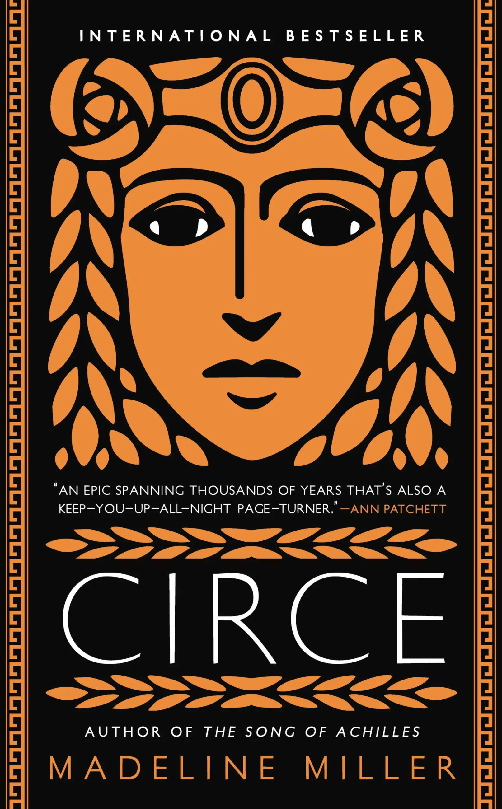 Book cover for Madeline Miller's Circe depicting a Grecian-style woman's face in orange on a black background.