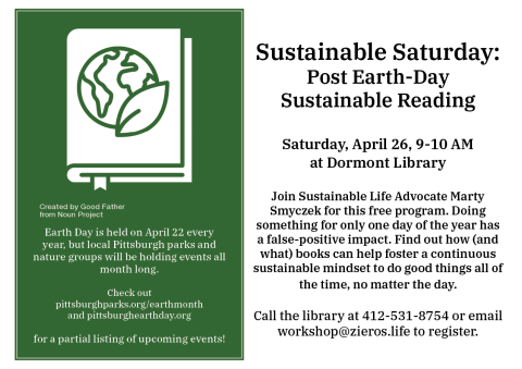 Sustainable Saturday graphic for April, showing a book with the Earth on it.