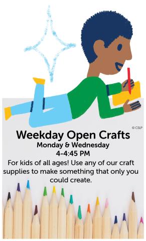 A boy drawing. Weekday Open Crafts flyer.