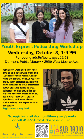 Flyer for the podcasting workshop. Photo at the top has a group of yount women at a microphone. Photo on the side has a young man behind a mixing console. Text is duplicated in the event listing. 