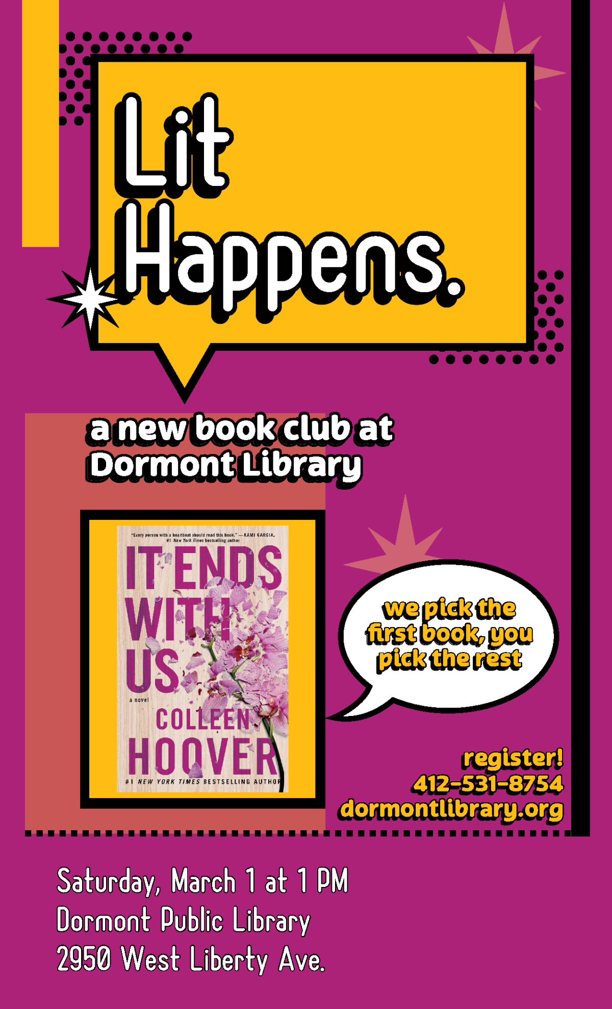 Flyer for the new Lit Happens book club. The information is duplicated in the event listing.