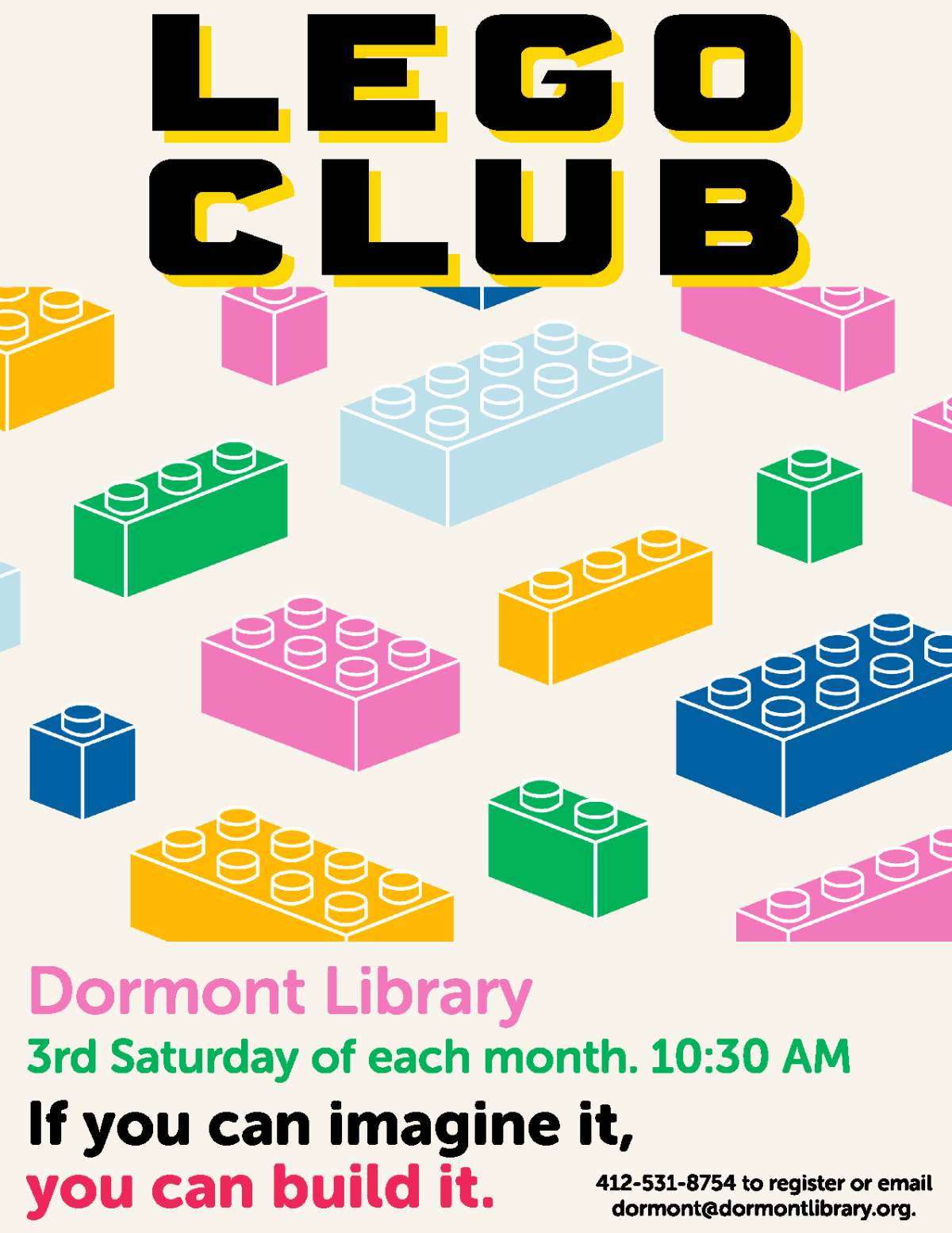 Lego Club flyer. See event text for details.