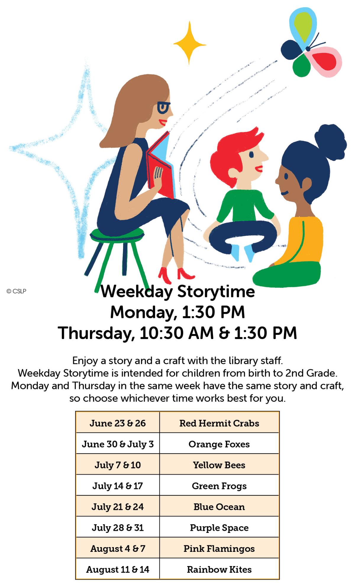Summer Reading 2025 Weekday Storytime schedule. Content is duplicated in the event text.