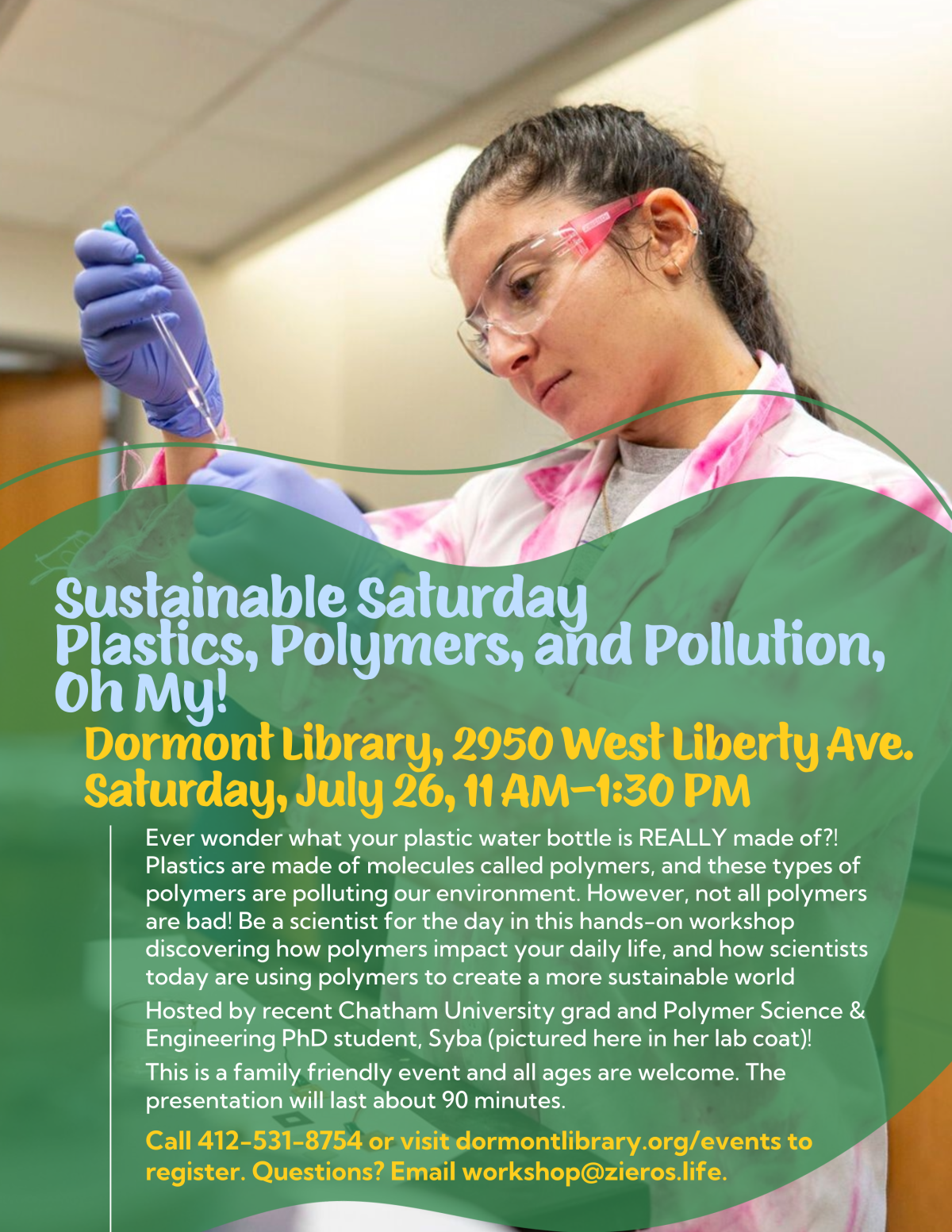 A flyer depicting a woman in a pink labcoat. Text is replicated in the event description.