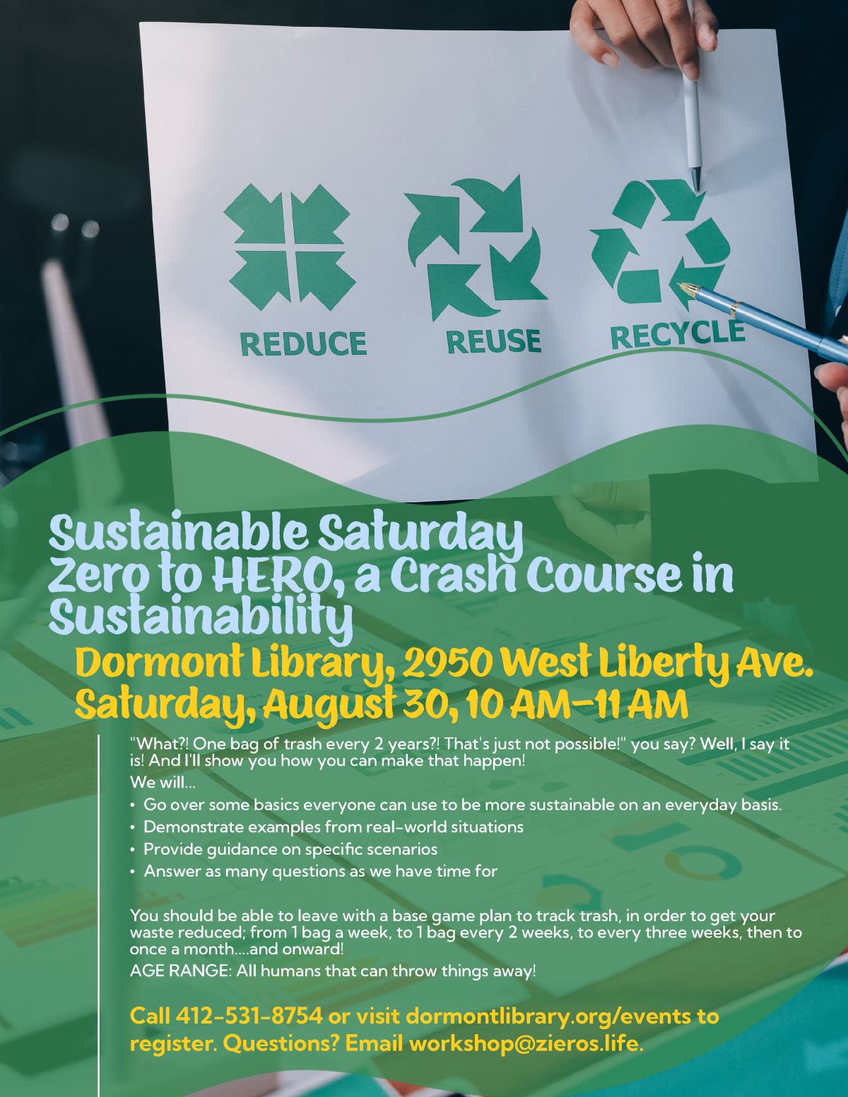 Flyer for August Sustainable Saturday, showing recycling bags