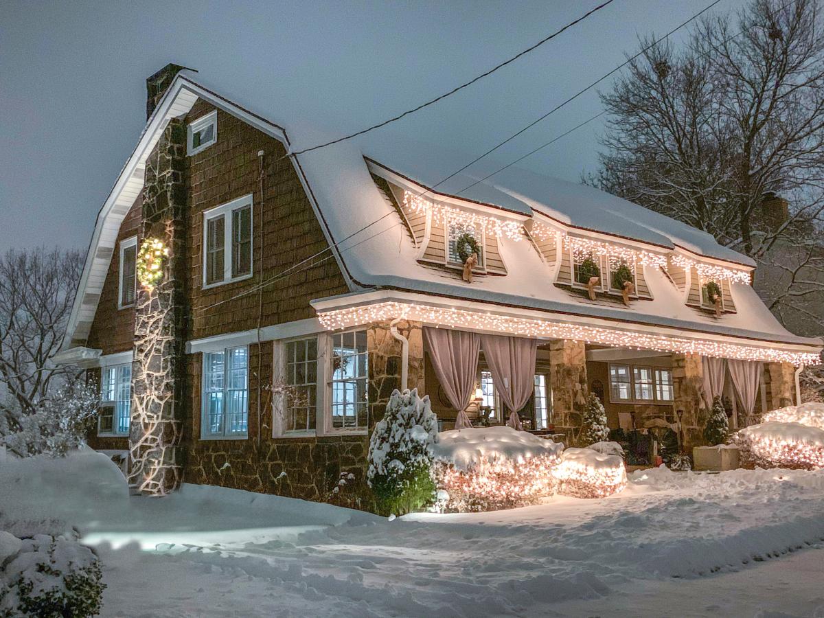 Photo showing a Dormont house decorated for the winter holiday season.
